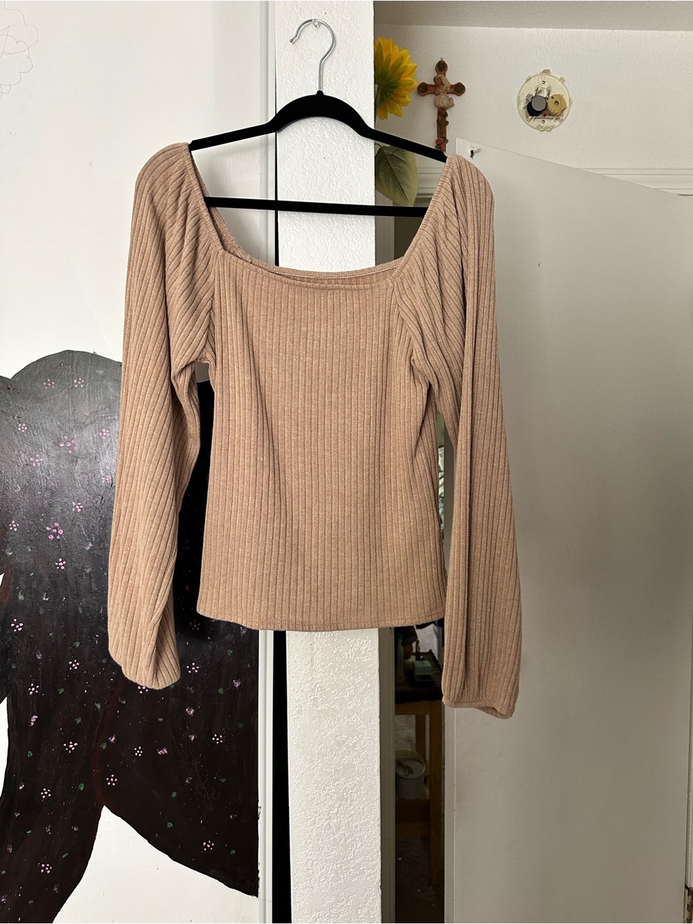 Square Neck Ribbed Long Sleeve Top - Beige